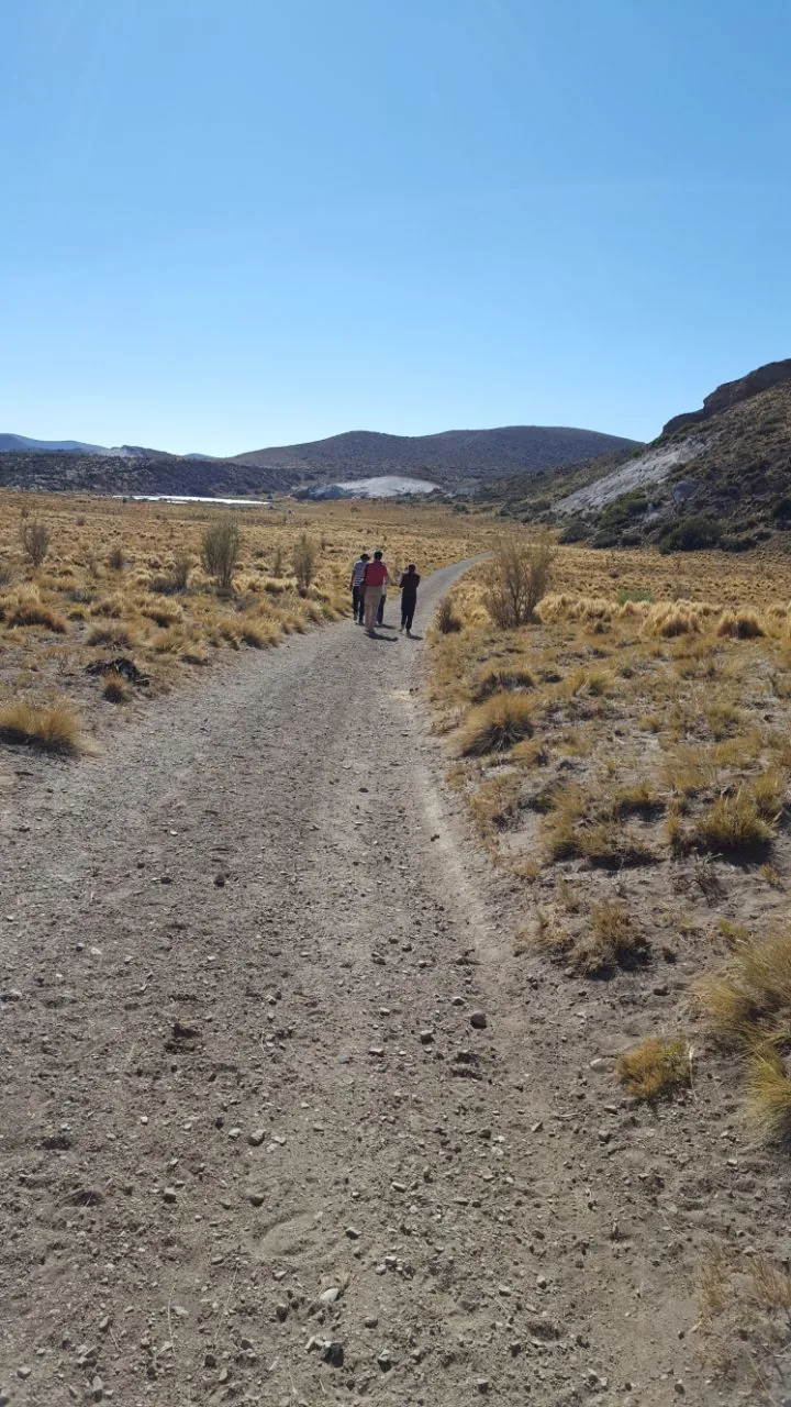 Familia caminando por un sendero de campo abierto hacia la montaña en Malargüe